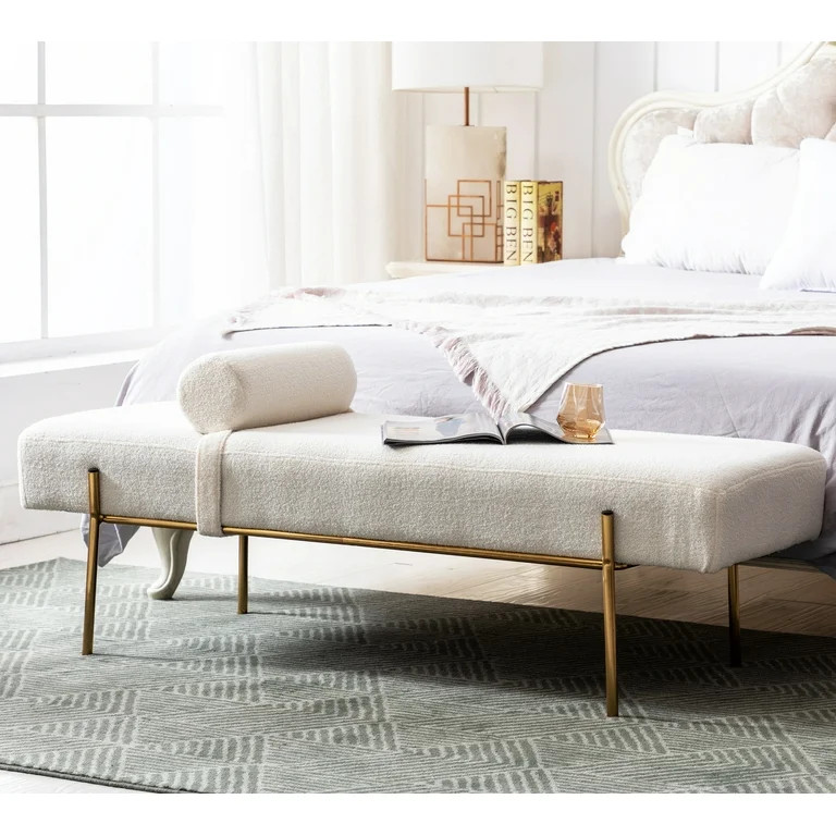 55" White End of Bed Bench, Modern Faux Fur Upholstered Ottoman Bench Seat with Gold Legs, Fuzzy ... | Walmart (US)