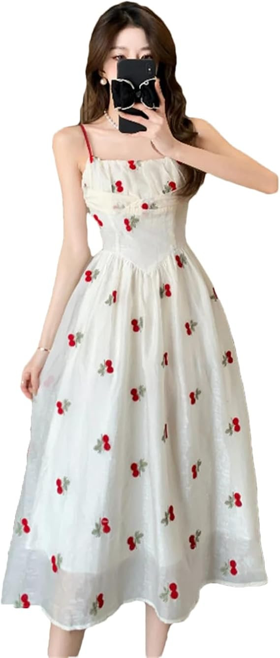 Sexy Spaghetti Strap Women's Dress High Waist Elegant Embroidered Midi Dress Summer Floral Off-Sh... | Amazon (US)