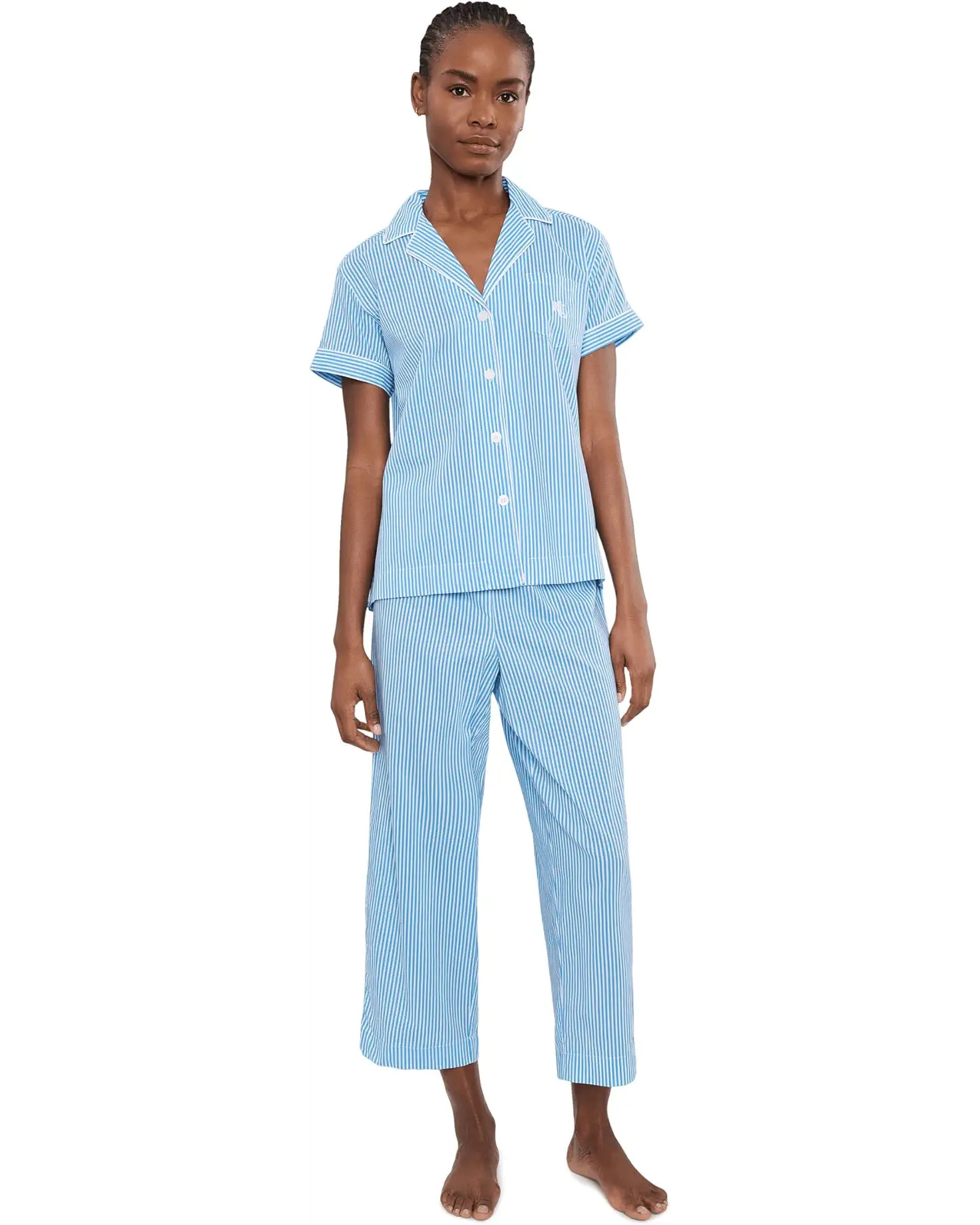 Women's Lauren Ralph Lauren Short Sleeve Notch Collar Cropped Pants PJ Set | Zappos.com