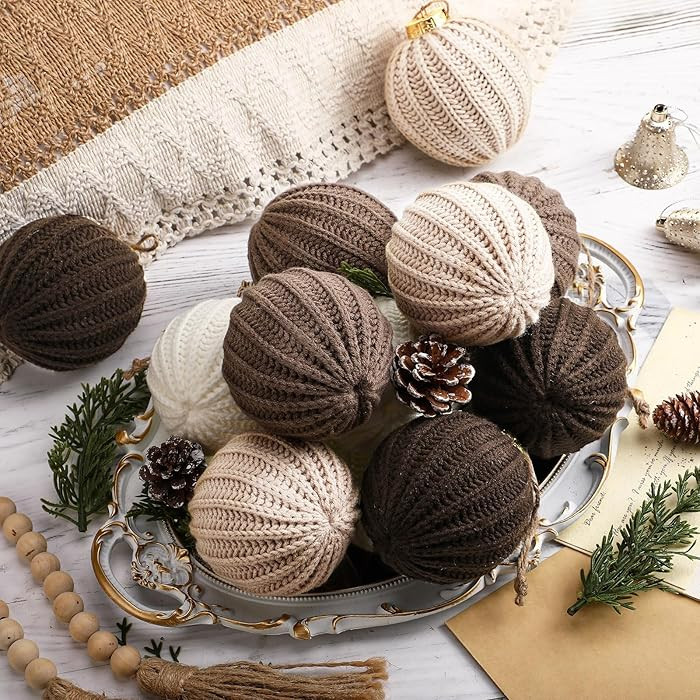 12 Pcs Neutral Christmas Ornaments, 3.15 Inch Brown Crochet Christmas Balls Modern Rustic Handmad... | Amazon (US)