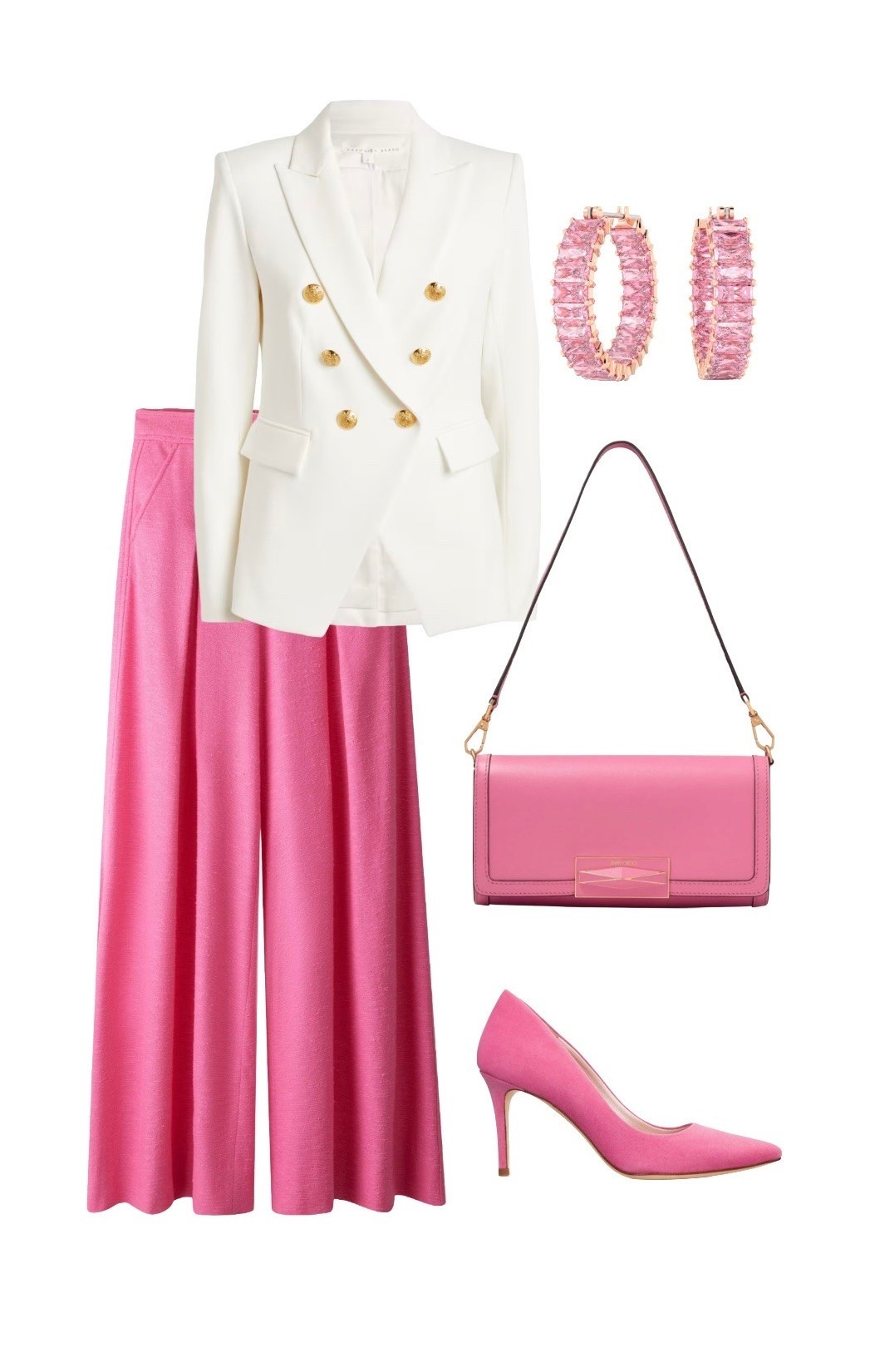 A Sex in the City outfit for smart summer occasions white blazer and sassy pink wide trouser / pants look with pink bag, earrings and heels. Wear to a wedding, dress up with a beautiful hat for race days (suggestions on the product list) or feel romantic for your next date night - you name it as this really IS the perfect pink 🎀

White ‘Dickey’ Double Breasted Blazer with Gold Buttons - Veronica Beard 

Pink Wide Leg Boucle Trousers / Pants - ME + EM

Pink ‘Diamond’ Leather Handbag - ON SALE at Jimmy Choo

Suede ‘Claudia’ Heels in Cupcake Pink - Emmy London

Pink Baguette ‘Matrix’ Hoop Earrings - ON SALE at Swarovski 

#LTKstyletip #LTKbag #LTKshoes #LTKuk #LTKeurope

#LTKsummer #LTKsale #LTKluxury