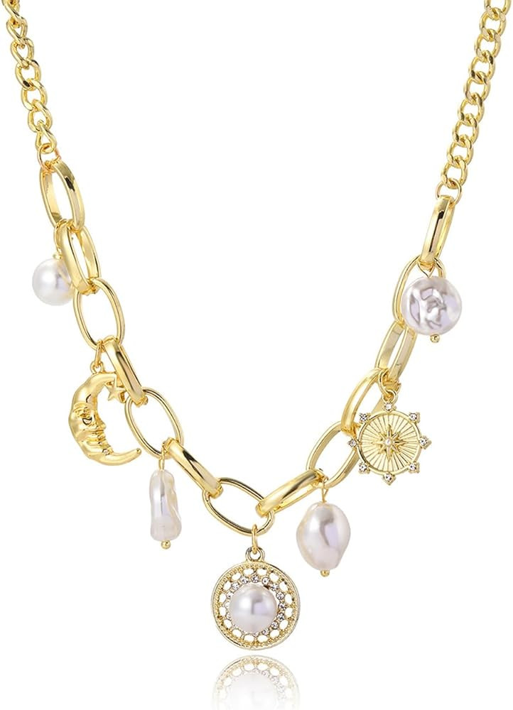 Sun Moon Necklace for Women Pearl Charm Necklace Pearl Moon Pendant Necklace Gold Paperclip Chain... | Amazon (US)