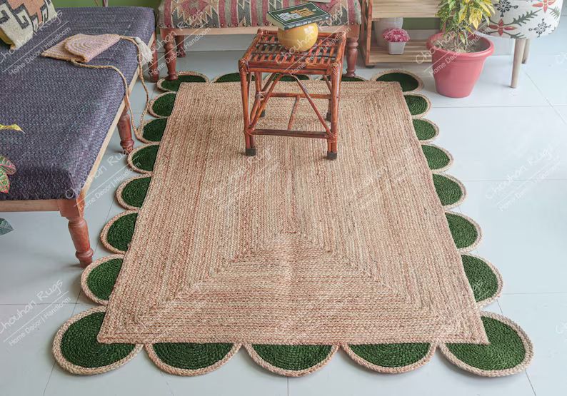 Hand Braided Natural Jute Rug with Green and Red Scallop Scalloped Jute Rug Jute Area Rug Handwov... | Etsy (US)