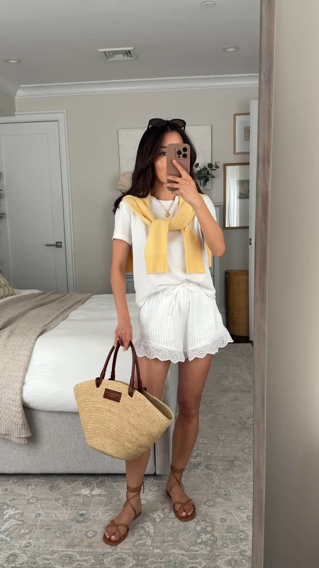 Size info below On sale:
• Everlane cotton tee xs (sized up)
• Abercrombie shorts use code AFJEAN size XXS mini fit
• Quince sweater xs, lots of colors great for layering and throwing over the shoulder
• Margaux wrap sandals 35 love these, went down between my usual half sizes
• Sezane woven bag
• Madewell sunglasses

Petite friendly, easy spring summer look, basic white tee 

 #LTKootd #LTKSeasonal #LTKPetite