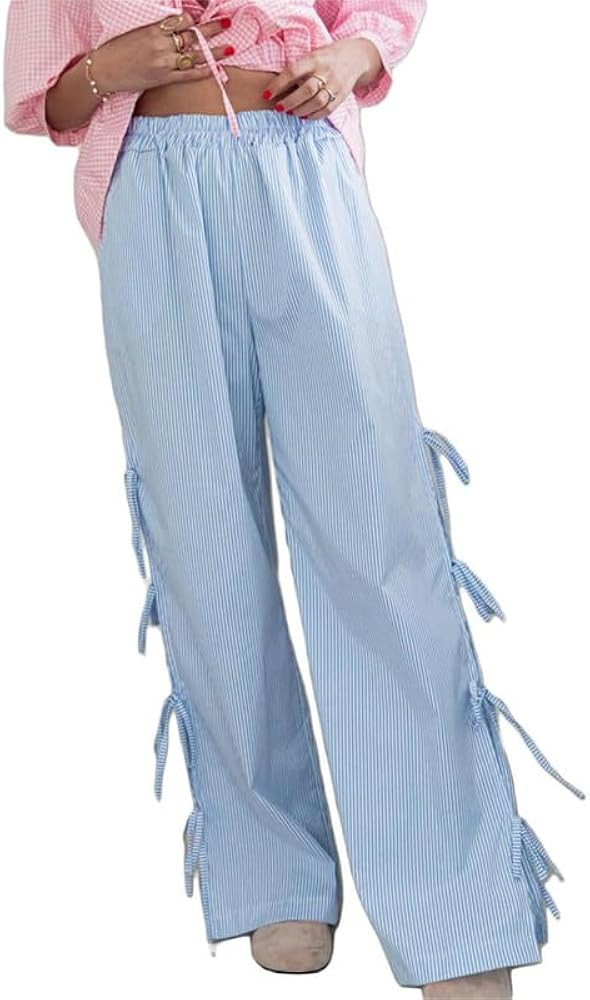 Sastianaen Women Y2K Striped Long Pants with Bow Tie Side Slit Wide Leg Lounge Pants in Gingham P... | Amazon (US)