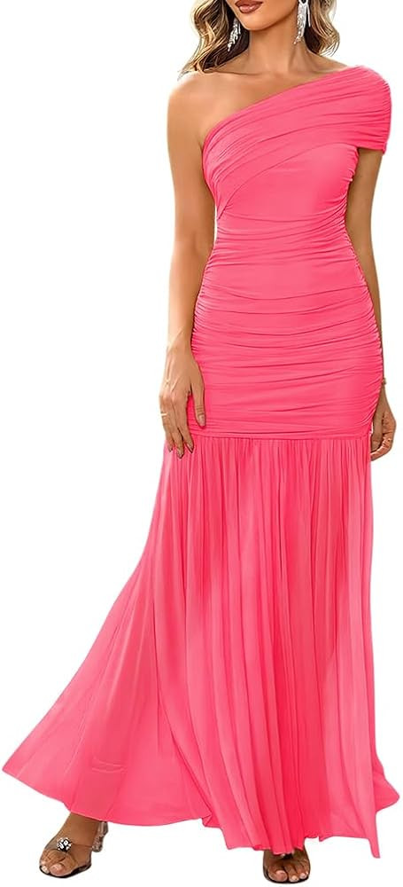 LAGSHIAN Women's Elegant Formal Long Dress One Shoulder Sleeveless Ruched Bodycon Evening Dress | Amazon (US)