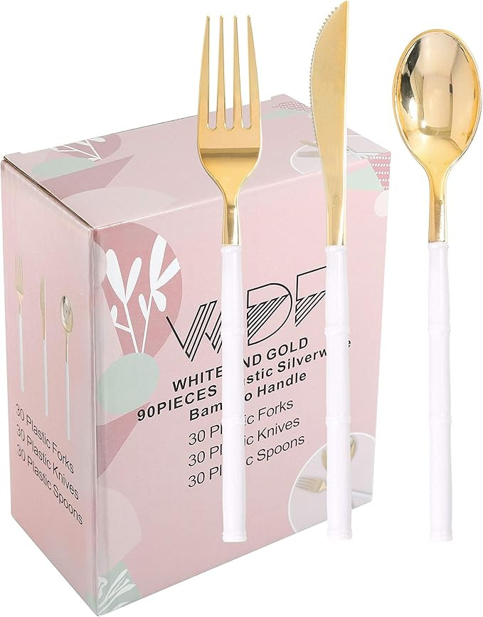 WDF 90Pieces Gold Plastic Silverware-Gold Plastic Cutlery with White Handle- Heavyweight Disposab... | Amazon (US)