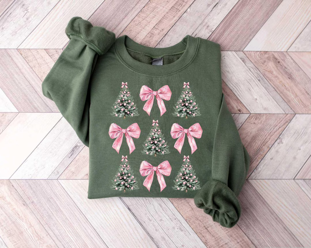Coquette Bow Christmas Sweatshirt, Christmas Tree Shirt, Christmas Sweatshirt, Girly Christmas Sw... | Etsy (US)