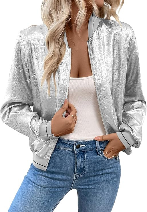 Verdusa Women's Metallic Zipper Bomber Disco Party Jackets Outwear Long Sleeve Lightweight Jacket... | Amazon (US)