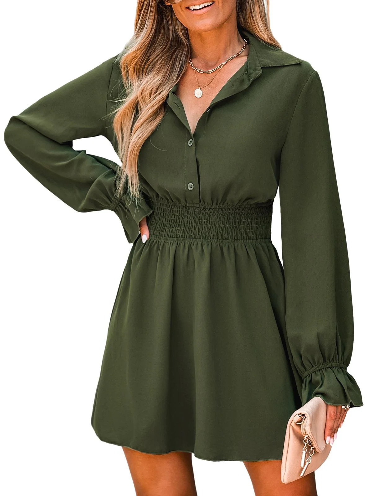 CUPSHE Women's Smocked Button-Front Mini Dress Long Sleeves Dresses Short Dressing Casual | Walmart (US)