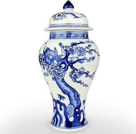 XUZOU Blue and White Porcelain Ceramic Temple Jar Vase,Oriental Handpainted Chinese Ginger Jar fr... | Amazon (US)