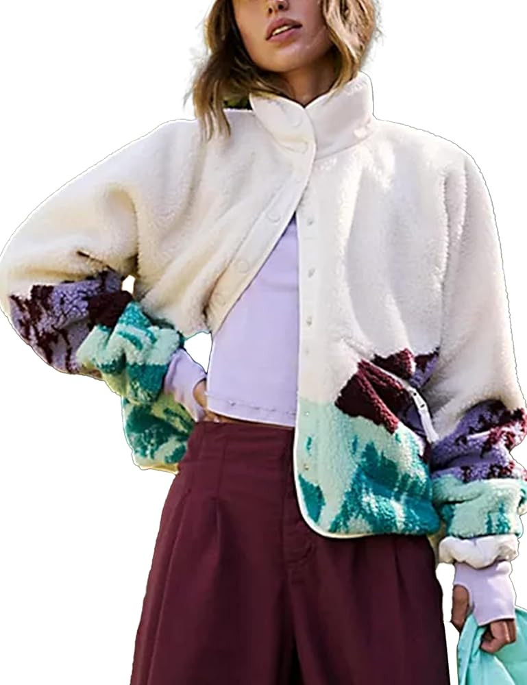 Printed Sherpa Jacket for Women Long Sleeve Button Down Fuzzy Fleece Coat Y2K Outerwear with Pock... | Amazon (US)