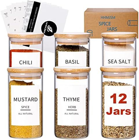 12 Pcs Glass Spice Jars With Bamboo Airtight Lids - 8oz Thicken(2.4mm) Spice Containers With 148 ... | Amazon (US)