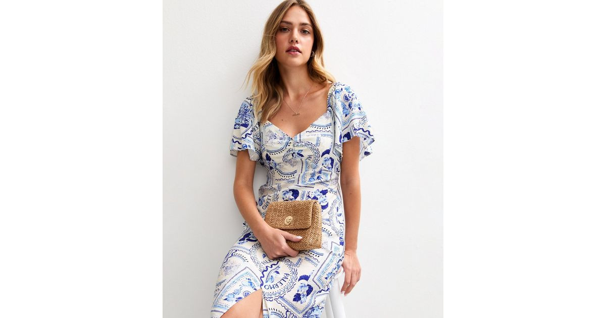 White Amalfi Postcard Print Slit Hem Midi Dress | New Look | New Look (UK)