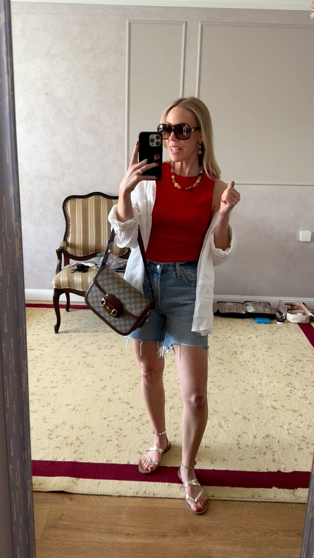 Casual summer outfit, tomato red, @levi denim shorts, beaded necklace, summer 2026 outfits