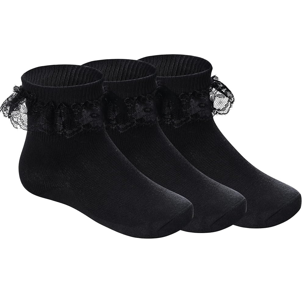 3 Pairs Girls Ruffle Socks White Ruffled Lace Socks for Girls Toddler Frilly Dress | Amazon (US)