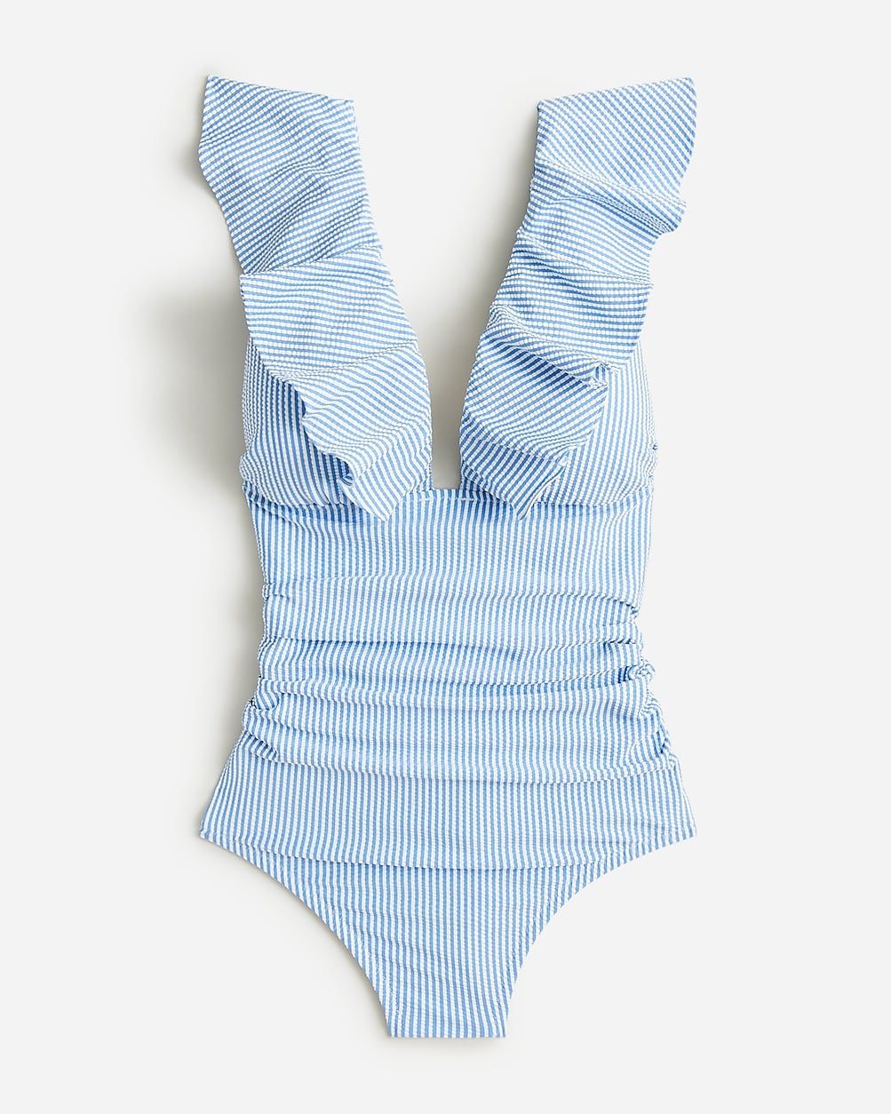 top rated4.4(5 REVIEWS)Ruched ruffle one-piece swimsuit in seersucker$128.00White Retro BlueClass... | J.Crew US