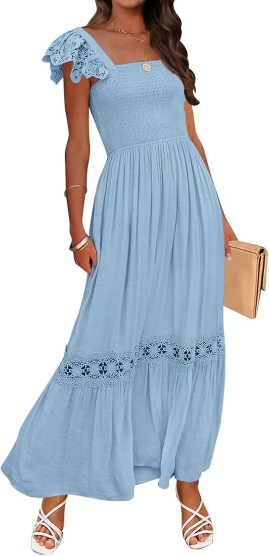 ZESICA Women's 2023 Summer Lace Strap Sleeveless Square Neck Smocked High Waist Ruffle Hollow Out... | Amazon (US)