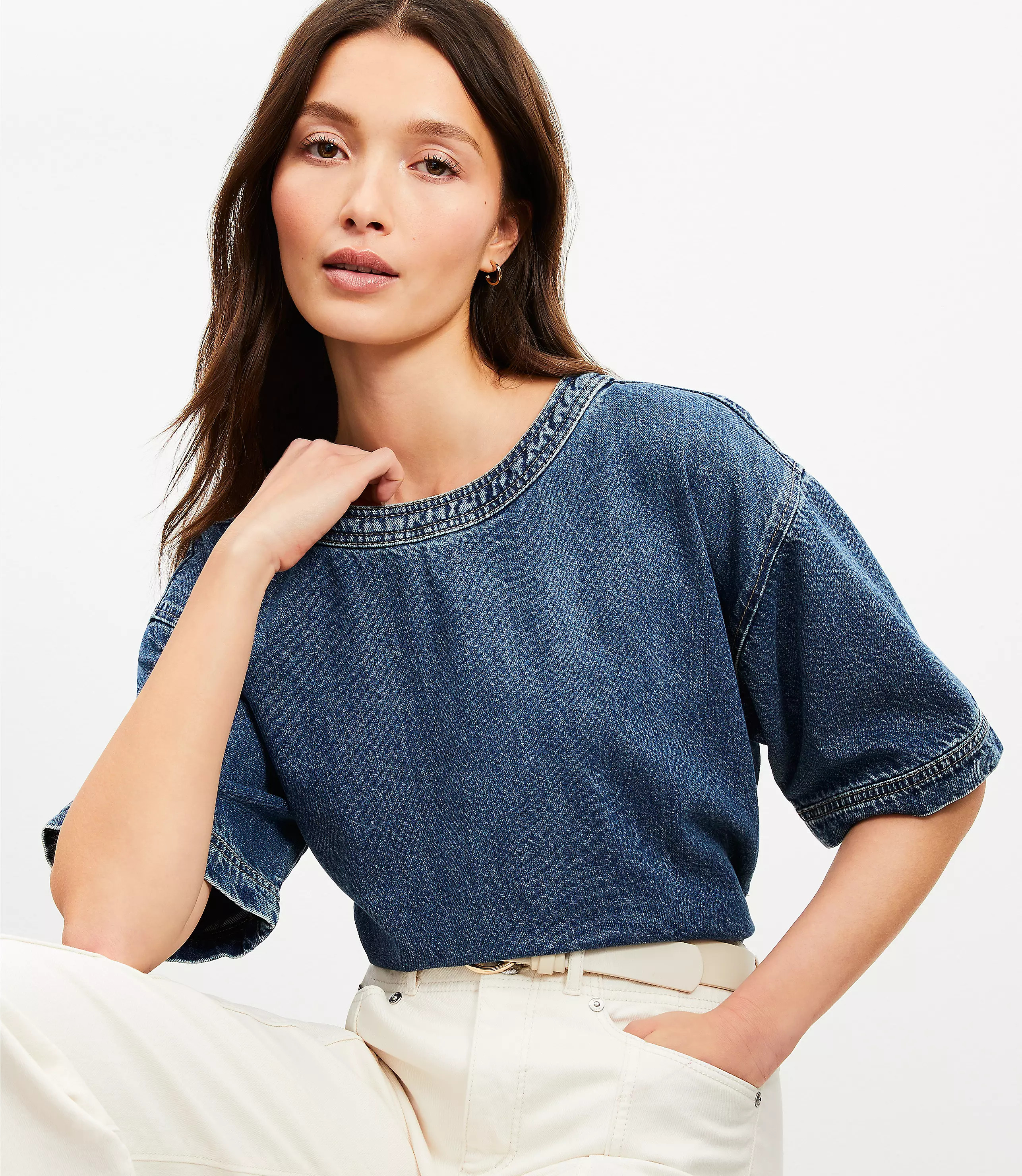 Denim Wide Hem Top in Classic Mid Wash | LOFT