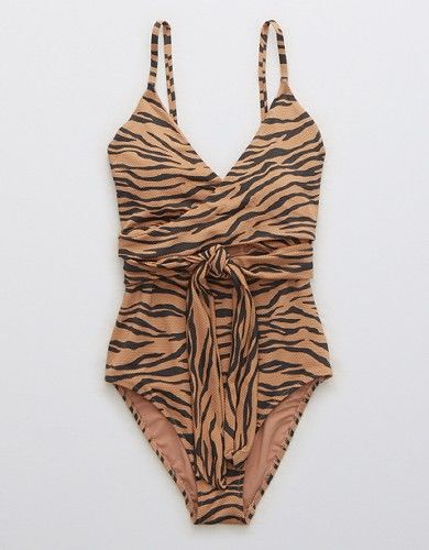 Aerie Pique Animal Print Wrap One Piece Swimsuit | American Eagle Outfitters (US & CA)