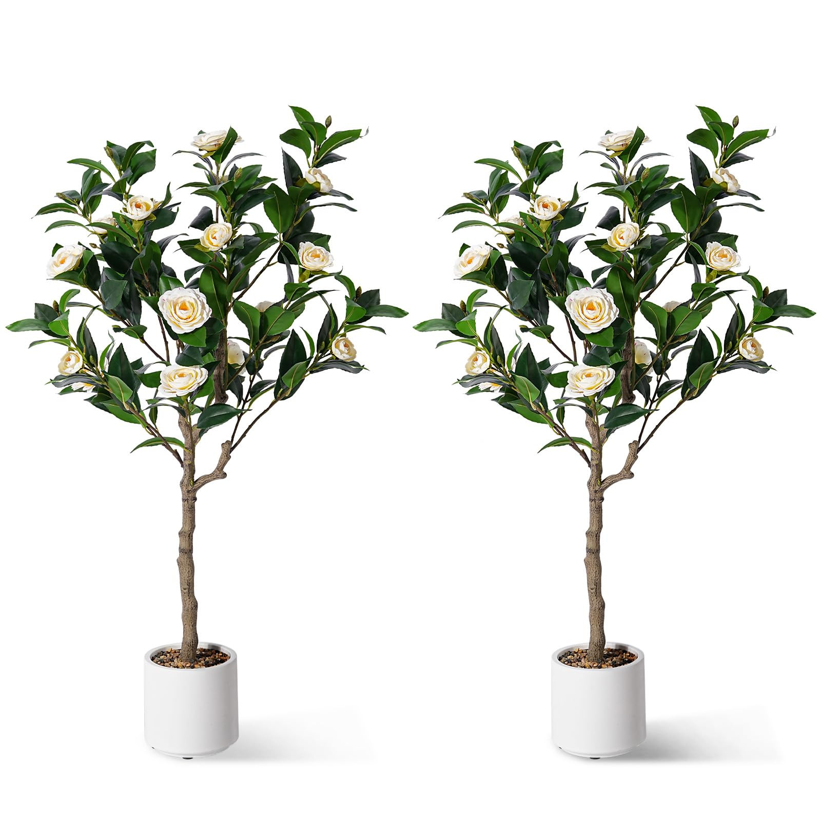Jocoevol Artificial Camellia Tree 4ft, 2 Pack Indoor Fake Plant with Realistic Trunk, Leaves, Flo... | Amazon (US)