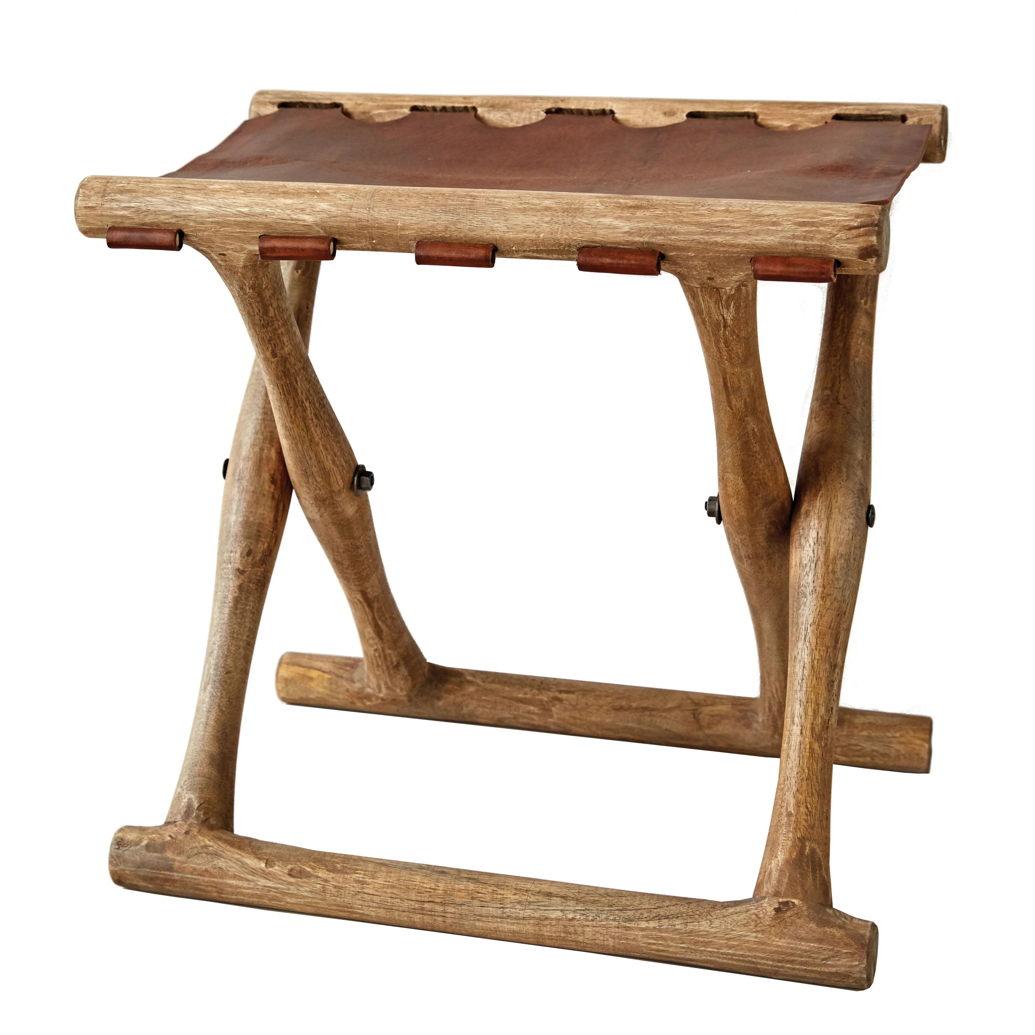 Creative Co-Op Acacia Wood & Leather Folding Stool | Walmart (US)