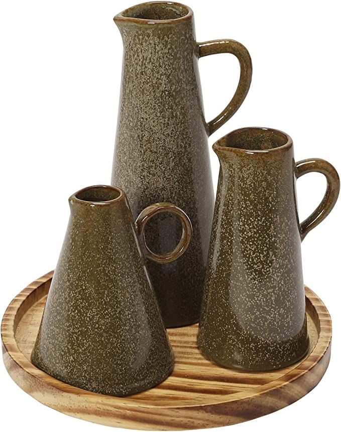 Creative Co-Op Pine Wood Tray with 3 Stoneware Pitchers Serveware, 8"L x 8"W x 8"H, Brown | Amazon (US)