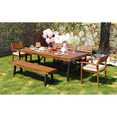 GO Outdoor Wood Dining Set For 7-8 Person, Outdoor Dining Furniture With Removable Cushions, Ergonomic Chairs And Bench, Thicker Table, Nature | Wayfair North America