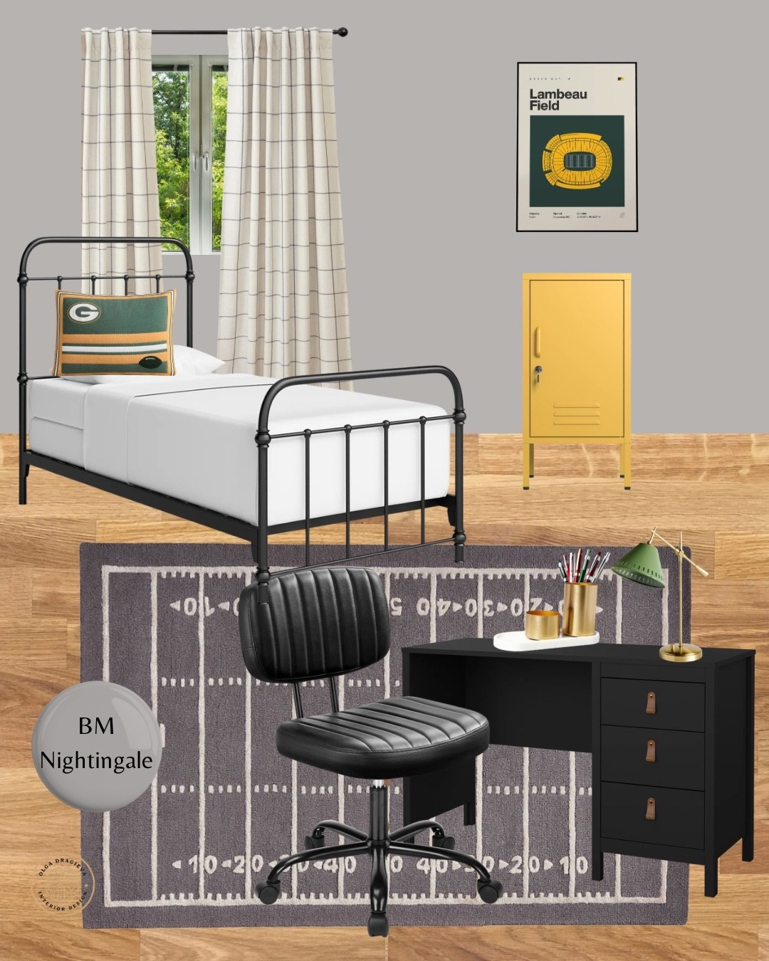 Teen bedroom ideas! Teen bedroom mood board. Green Packers fan. Football-inspired boy’s room. Yellow locker, metal bed, black desk and faux leather chair, wool rug. Etsy art. 

#LTKKids #LTKHome #LTKSeasonal
