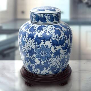 10 in. Oriental Furniture Floral Blue and White Porcelain Ginger Jar, Blue & White | The Home Depot