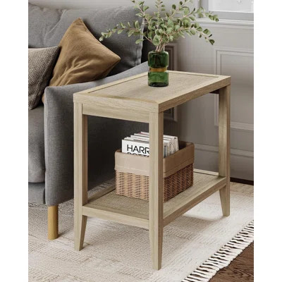 Boho Rattan Nightstand Bedside Table - Farmhouse Narrow Accent End Table With 2 Open Rattan Shelves For Bedroom, Living Room, Small Spaces - Light Oak | Wayfair North America
