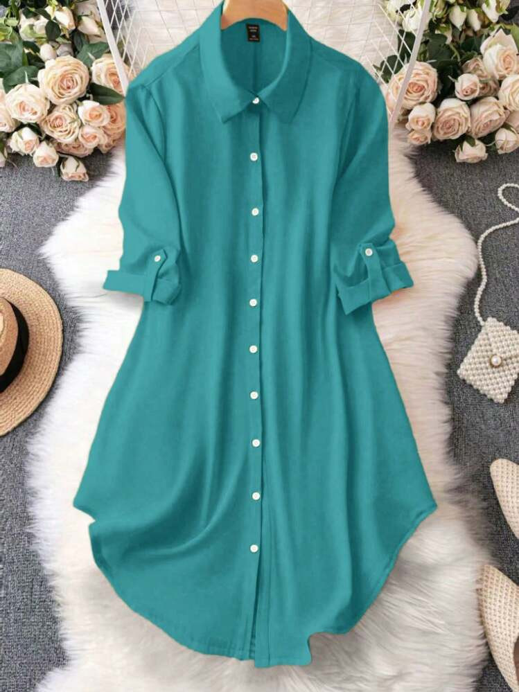 EMERY ROSE Women's Solid Color Button Front Long Sleeve Casual Dress, Everyday Wear | SHEIN