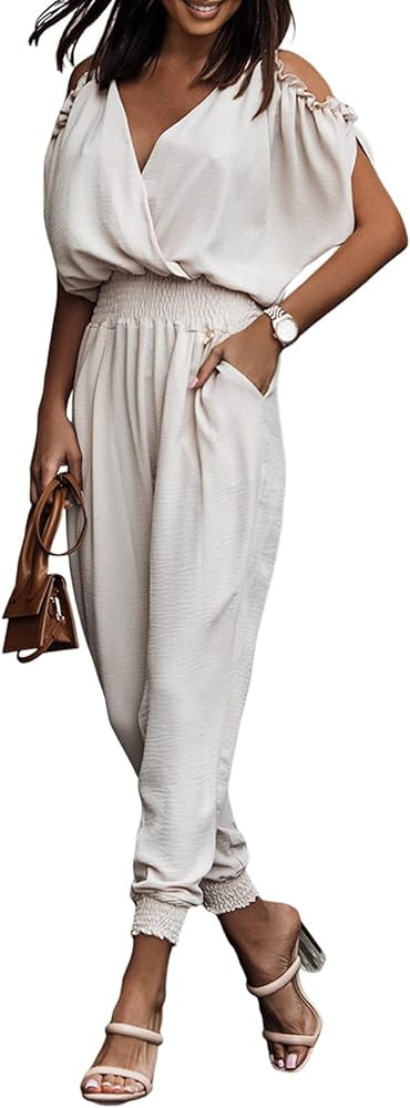 Dokotoo Jumpsuit for Womens Dressy Casual 2025 One Piece Romper Cold Shoulder Outfits for Summer | Amazon (US)