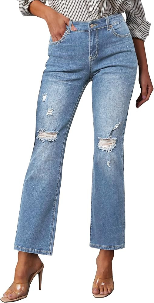 GRAPENT Jeans for Women High Waisted Distressed Straight Leg Ripped Jeans Stretchy Denim Pants We... | Amazon (US)