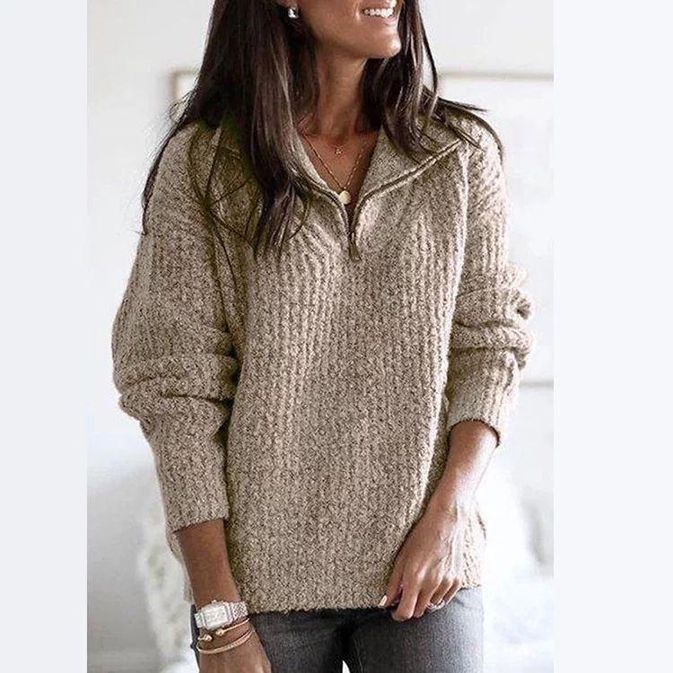 Women's Solid Color Zipper Pullover Long Sleeve Warm Sweater Top | Walmart (US)
