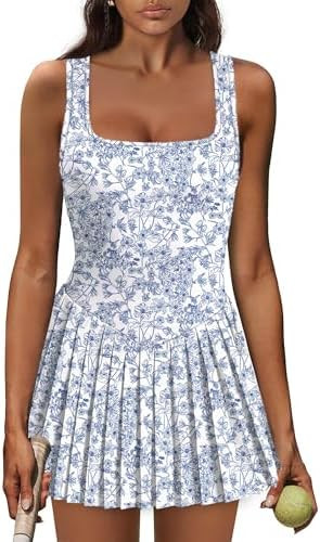 Athletic Dress for Women Built in Shorts U Neck Womens Tennis Dress Pleated with Pockets Sleevele... | Amazon (US)