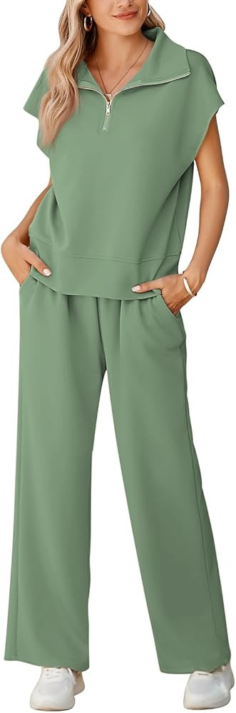 Pink Queen Womens Two Piece Outfits Summer Sleeveless Half Zip Pullover Tops and Wide Leg Pants T... | Amazon (US)