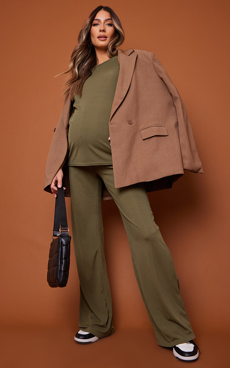 Maternity Olive Waffle Knit Wide Leg Flared Pants | PrettyLittleThing US