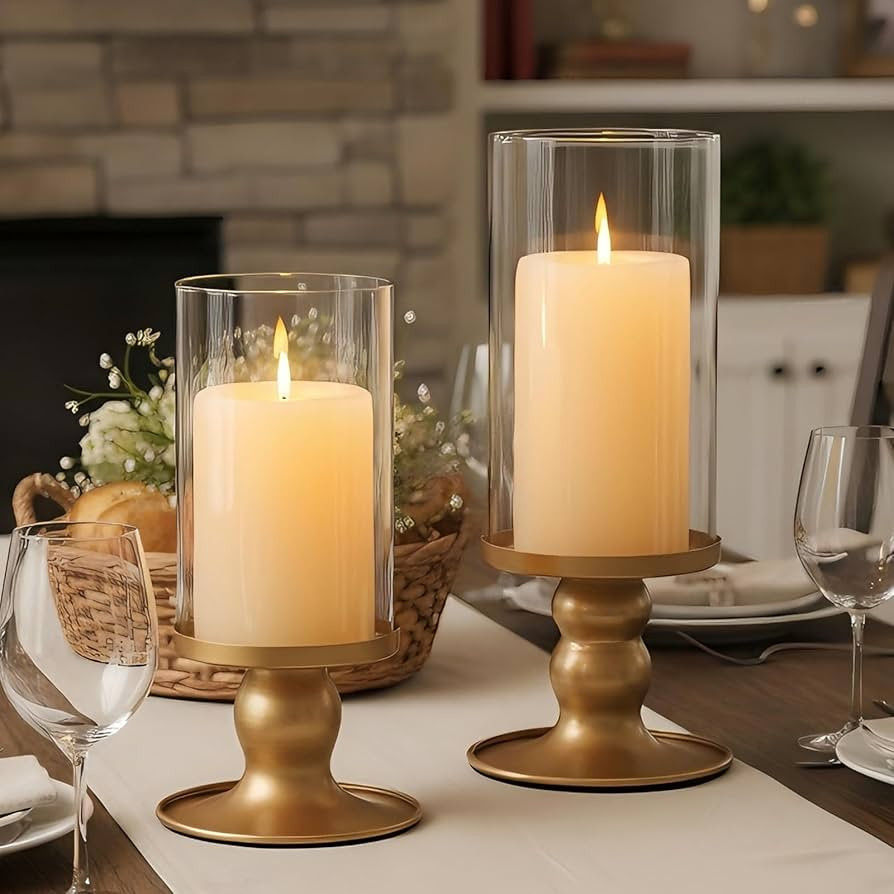 4pcs Hurricane Candle Holder for Pillar Candles, Gold Candle Holders with Clear Glass Sleeve for ... | Amazon (US)