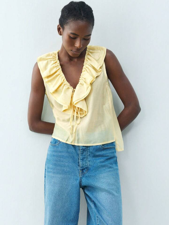 Maija Urban Elegant Spring And Summer New Style Valentine's Day Light Yellow Ruffle Women's Shirt... | SHEIN