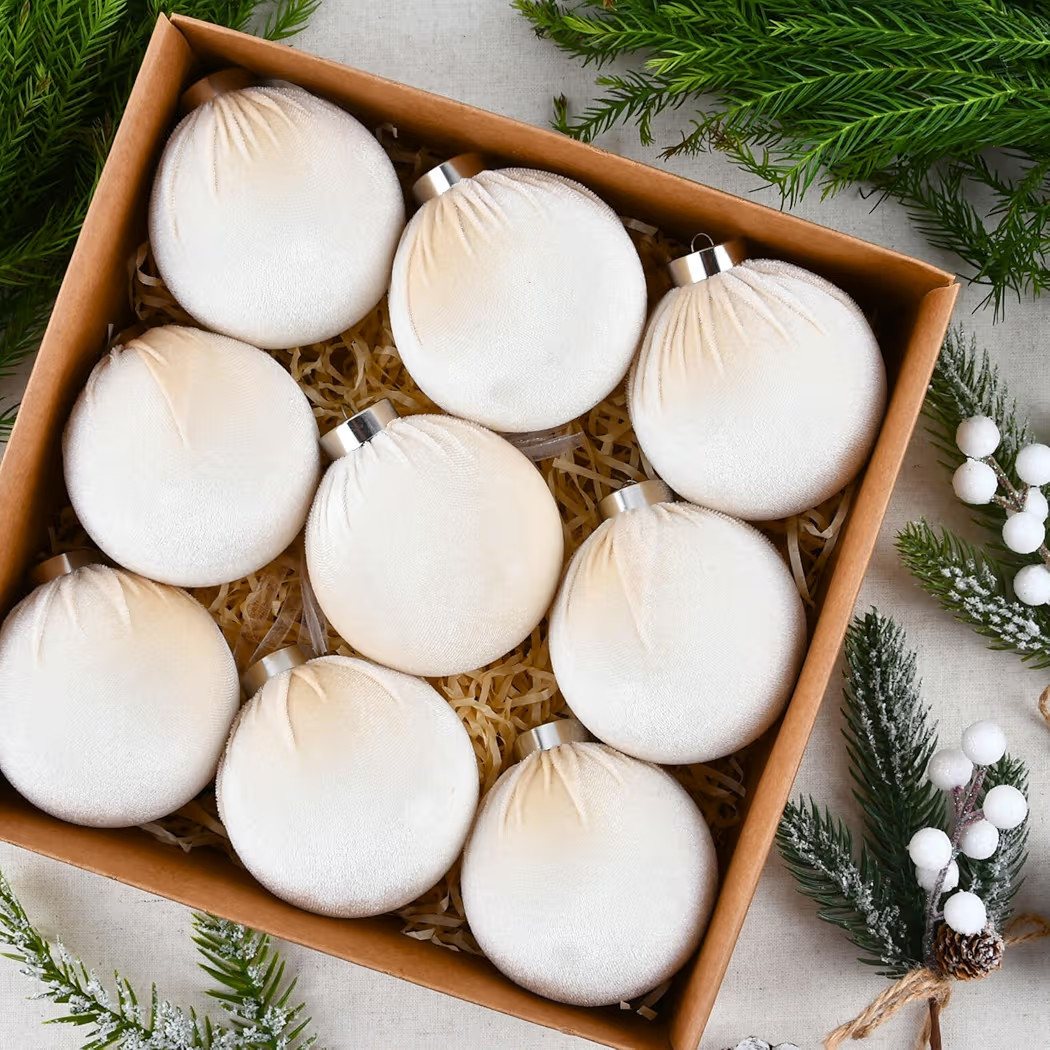Velvet Ornaments for Christmas Tree Decorations - Beige Xmas Ball Ornament for Indoor Holiday Decor - Shatterproof Christmas Bulbs Ornaments 80mm 3.15inch - Pack of 9 | Amazon (US)
