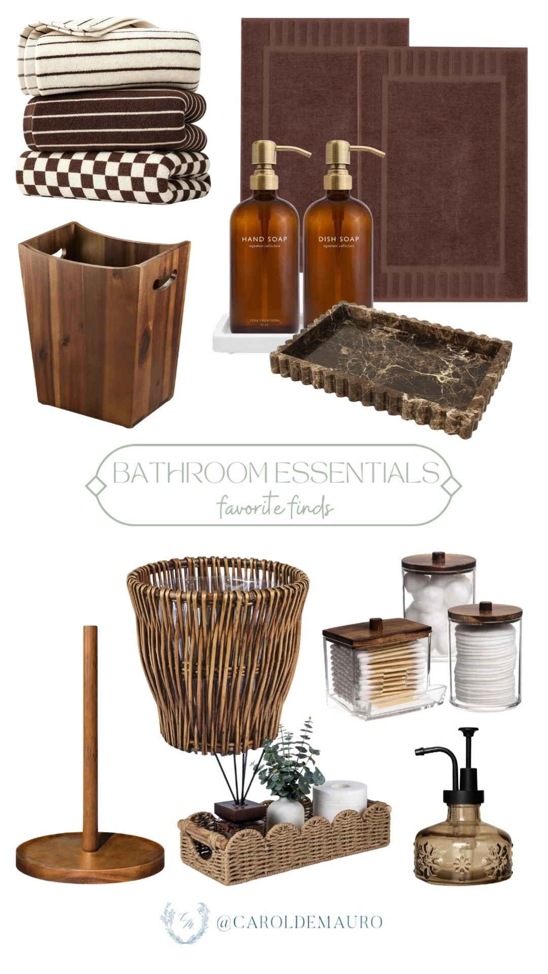 bathroom essentials, neutral aesthetic, modern vintage, bath towels, soap dispensers, bathroom rugs, marble tray, wooden trash bin, woven trash bin, vanity counter accessories, paper towel holder, woven scallop tray, amazon home

#LTKHome