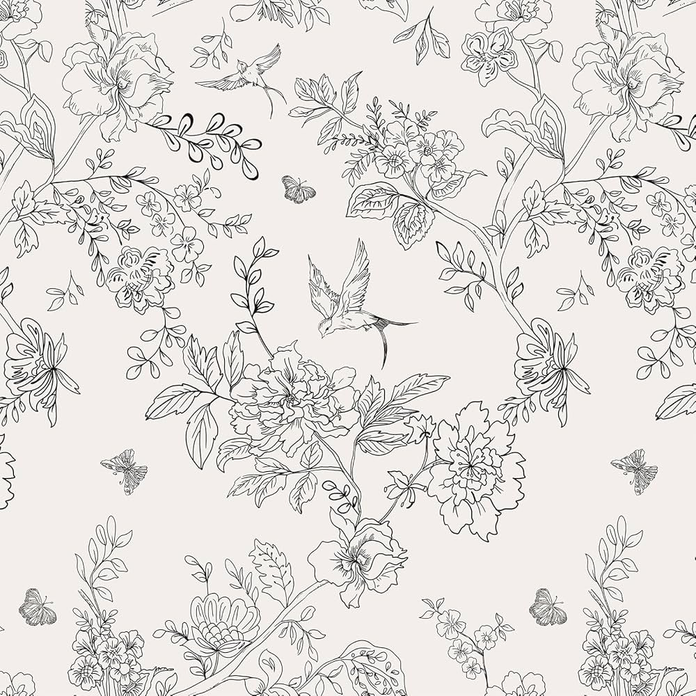 Black and Cream White Floral Wallpaper Peel and Stick Wallpaper 17.7 inch×118.1 inch Floral Cont... | Amazon (US)