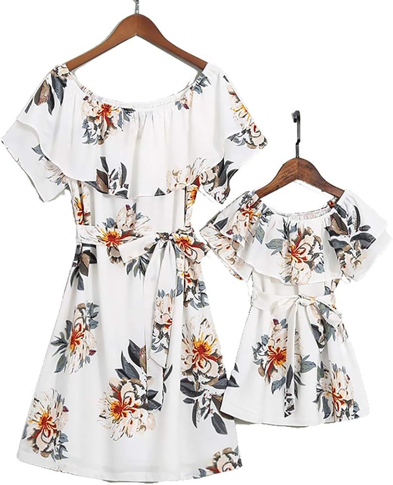 Mommy and Me Floral Printed Dresses Chiffon Ruffles A-Line Swing Short Dress | Amazon (US)