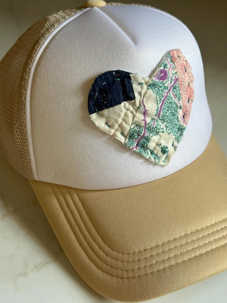 Trucker hat baseball cap with Hand-quilted vintage quilt Heart, hand stitched into cap with breat... | Etsy (Global)