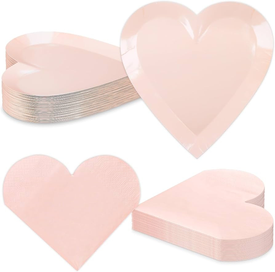 Valentine's Day Party Supplies, Heart Shaped Disposable 9" Paper Plates and 3 Ply Napkins for Bes... | Amazon (US)