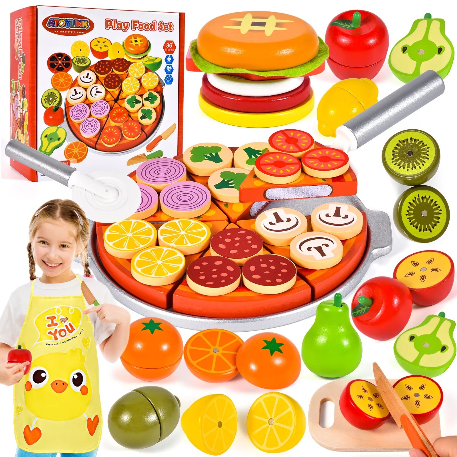 Wooden Pretend Play Food Sets for Kids Play Kitchen Accessories Cutting Pizza Toy Food Fruit Hamb... | Walmart (US)