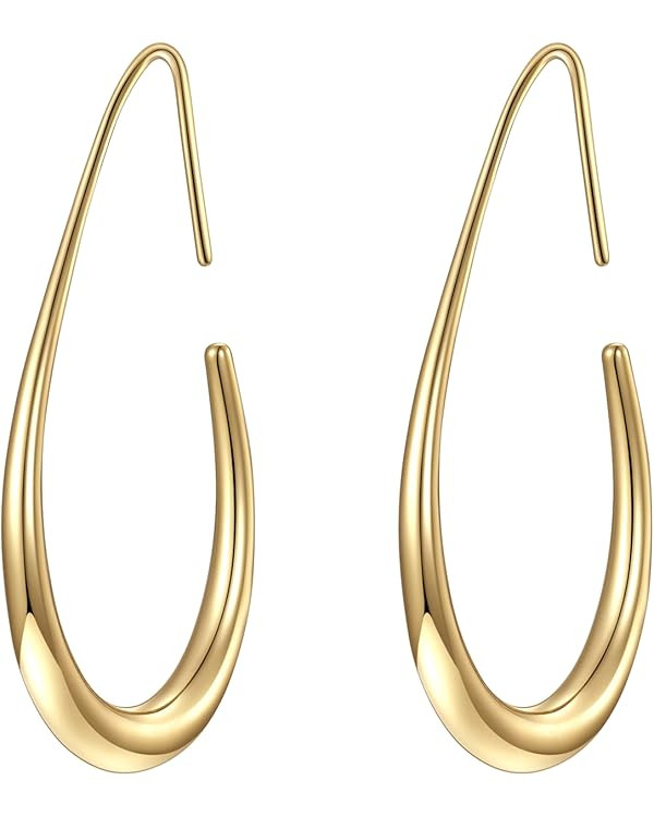 Lightweight Teardrop Hoop Earrings for Women - 14k Gold/White Gold Plated Large Oval Pull Through... | Amazon (US)