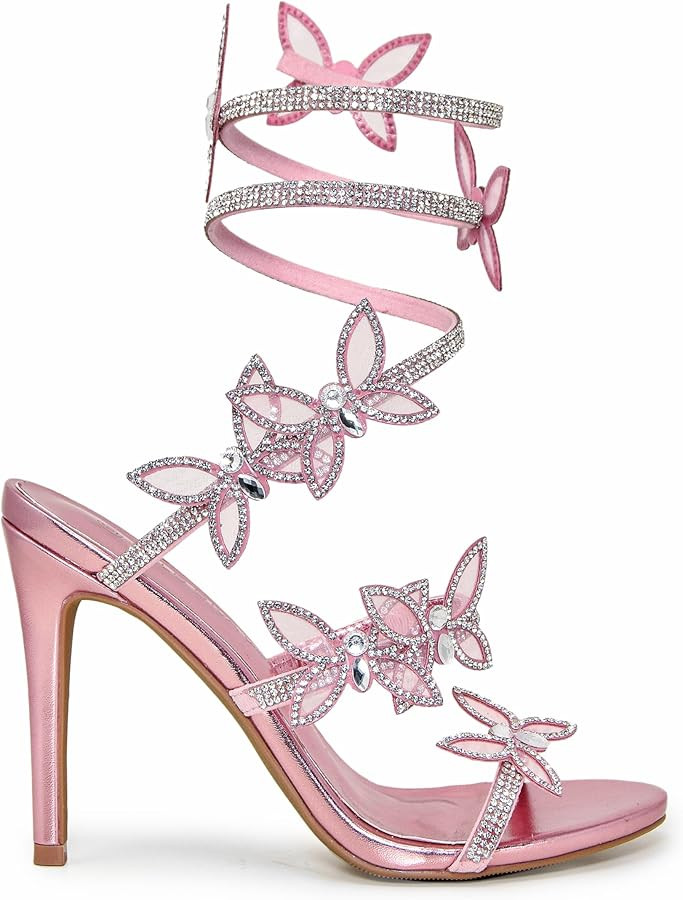 Women Rhinestone Butterfly Spiral Wrap Around High Heel Sandals | Amazon (US)