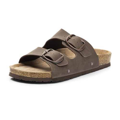 FITORY Womens Flat Sandals with Cork Footbed, Open Toe Slides Adjustable Slip On Slippers for Summer Brown Size 6 | Amazon (US)